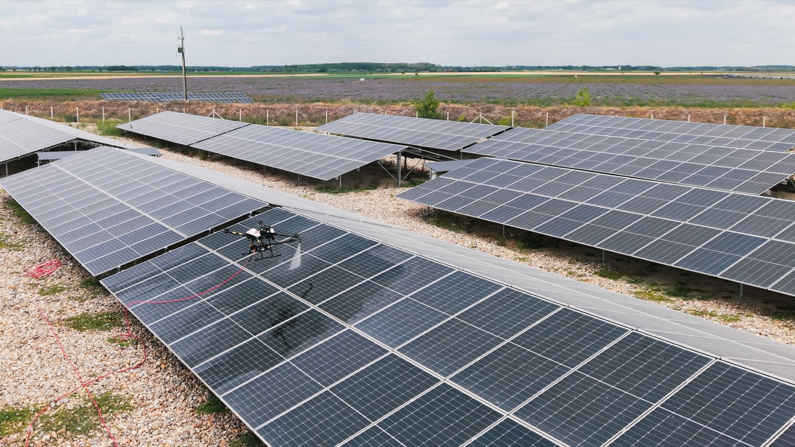 Drona spălând un parc de panouri fotovoltaice